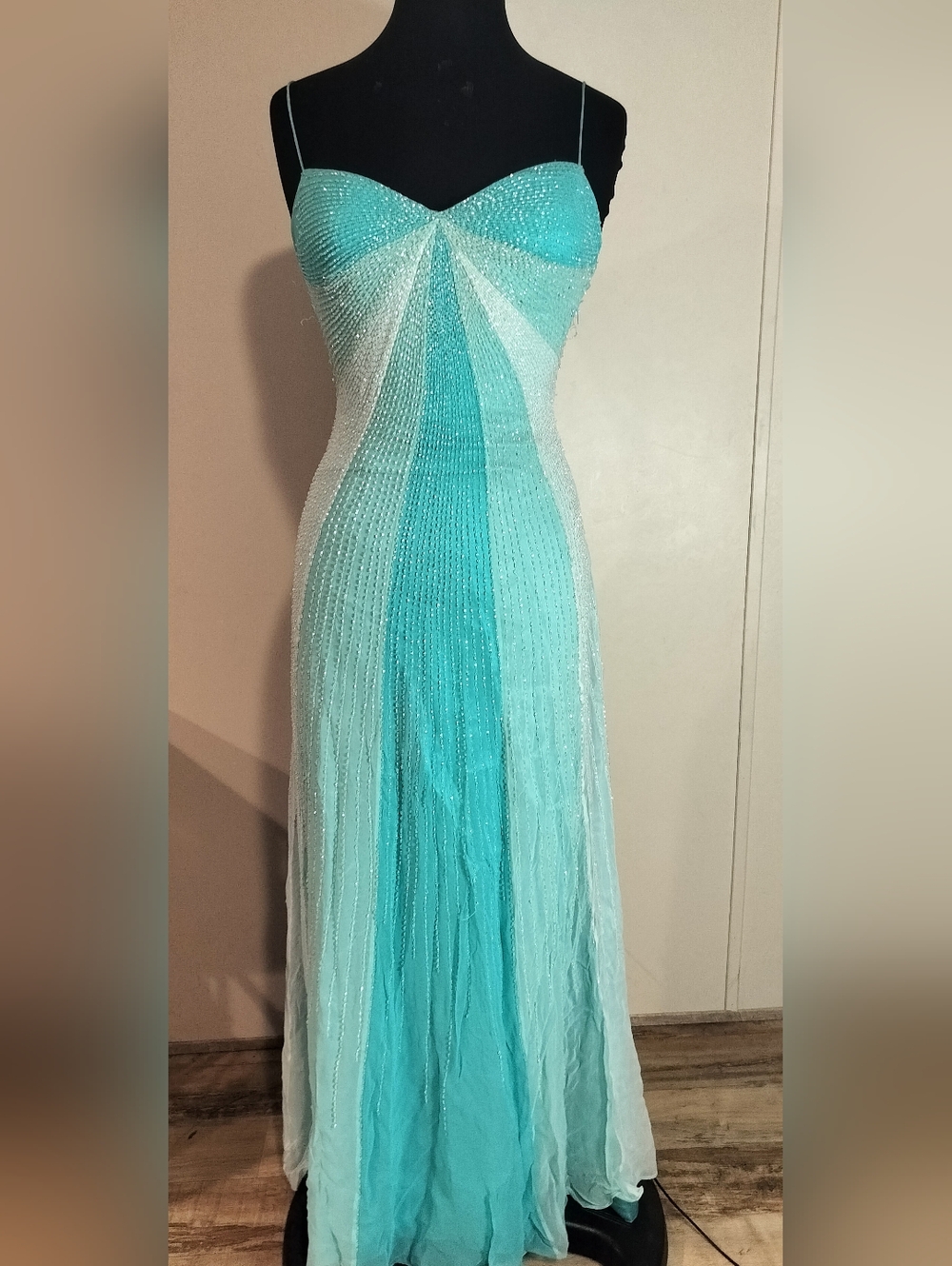 Mon Cheri Aqua Strapless Beaded Evening Gown